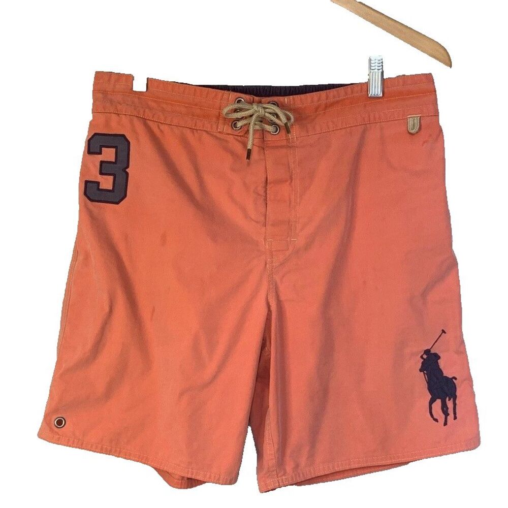 Vintage Polo Ralph Lauren Men's Orange Big Pony Swim Trunks Shorts Size M